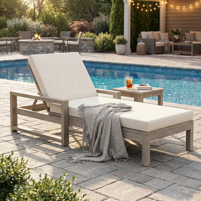 Outdoor Lounge Chairs, Acacia Wood 5-Position Patio Chaise Lounge with Cushion & Adjustable Backrest, Pool Lounge Chairs for Backyard, Lawn