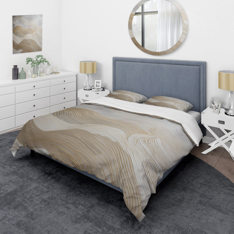Ensemble de housse de couette en microfibre / polyester doré et gris Line Art In Motion III