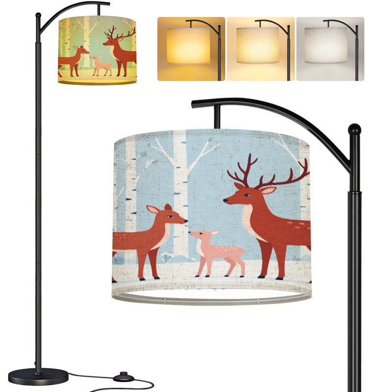  Lampe sur pied Arc de Noël rouge cerf bouleau haut moderne avec abat-jour réglable en lin à 3 couleurs