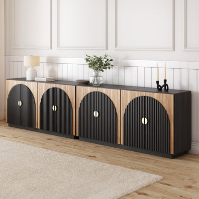 Ensemble de 2 armoires-buffet cannelées avec rangement, grande console d'appoint à arche symétrique de 65 pouces pour la salle à manger, la cuisine et le salon (brun clair)