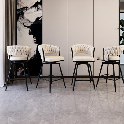 Chaise de bar - confortable et élégante, pivotante à 360 °, tissée, pieds, tabouret de comptoir rembourré, apparence élégante blanche,