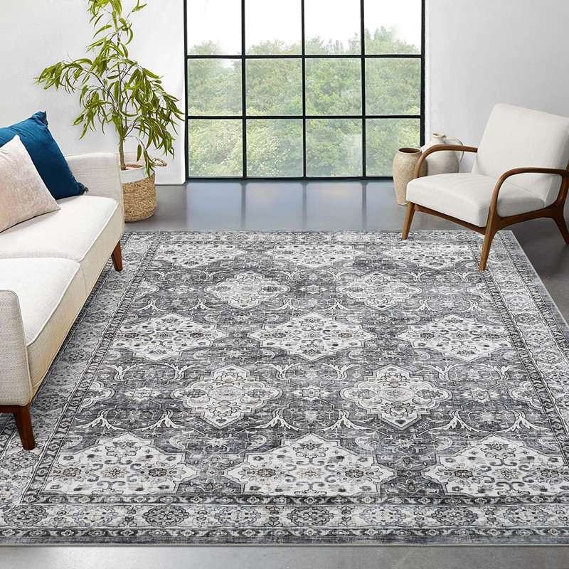 Machine Washable Rug with Rubber Backing for Living Room Oriental Non-Slip Dining Room Rug Easy-Cleaning Floor Carpet for Bedroom Office Playroom