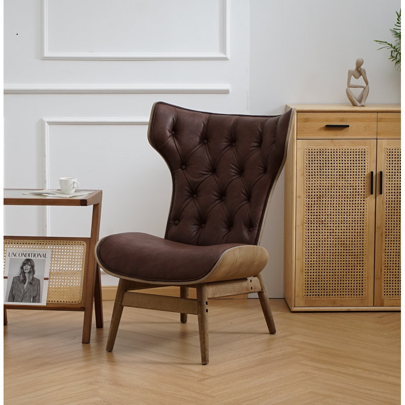 Jeyshan Upholstered Tufted Wingback Chair, Dark Brown Faux Leather