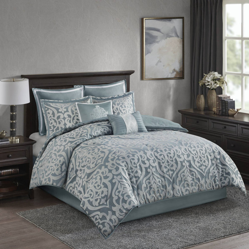 Ensemble d'édredon en jacquard de luxe 8 pièces Odette, Édredon grand et 7 pièces supplémentaires, Aqua / argenté
