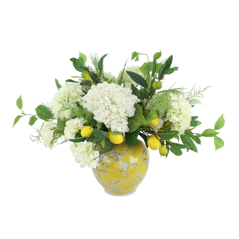 Arrangement artificiel citron et hortensia