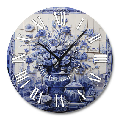 Blue And White Boho Flower Pottery II - Boho Pottery White Face Wall Clock
