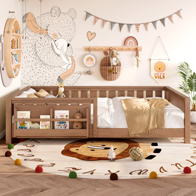 Queen Floor Bed With Slats And Safety Guardrail, Queen Size Montessori Floor Bed With Fence And Built-in Bookshelf, Easy Assemble Montessori Beds For Kids, Girls, Boys, Natural