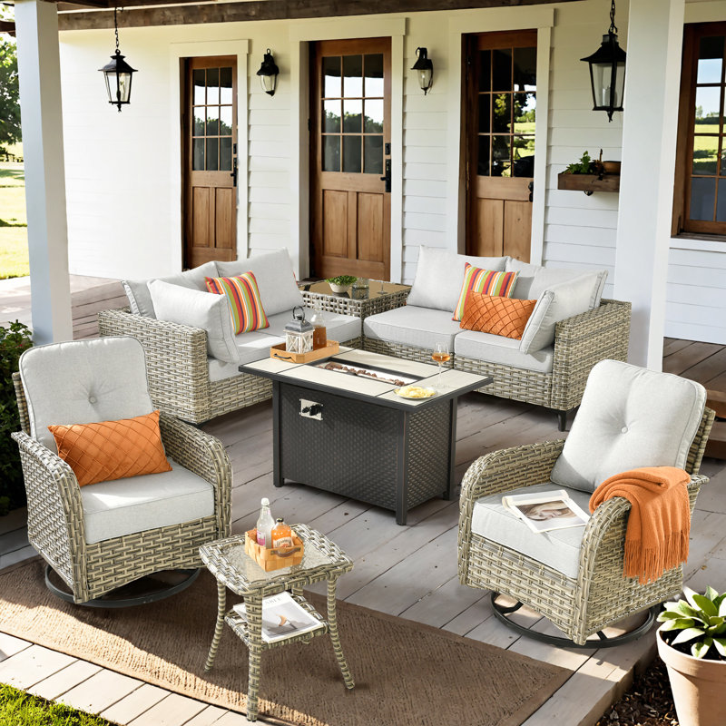 9- Piece Outdoor Patio Furniture Set with Fire Pit Table, All - Weather Wicker Swivel Chairs & Love Seats, Thick Padded Cushions for Garden, Backyard & Porch