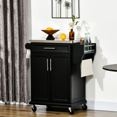  Kitchen Island on Wheels, Rolling Kitchen Cart with Stainless Steel Countertop, Drawer, Towel Rack and Spice Rack,Coffee Station