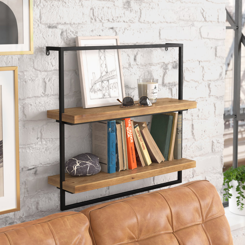 Brown 26" Floating Wood and Metal Wall Shelf
