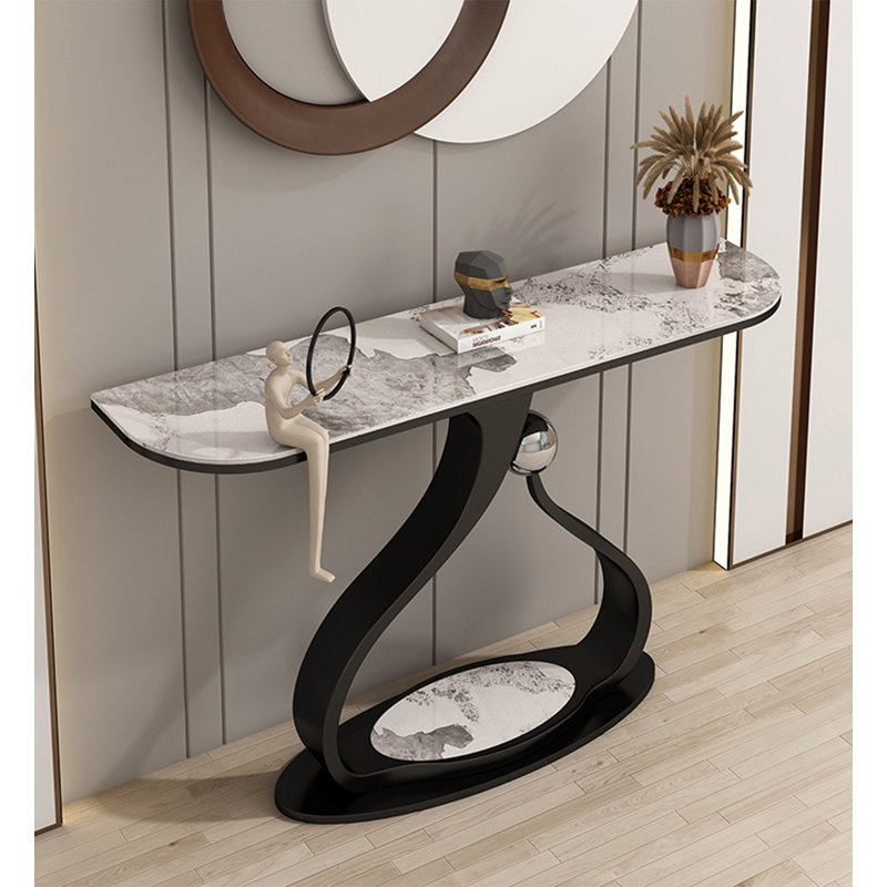 Console contemporaine à bord incurvé à motif en marbre avec dessus en pierre, 33.5" H x 39.37" W x 11.81" D