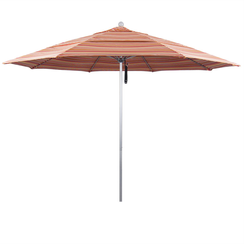 Parasol de marché 11 pi Hibo, Sunbrella® mangue rayé Dolce, Argent anodisé