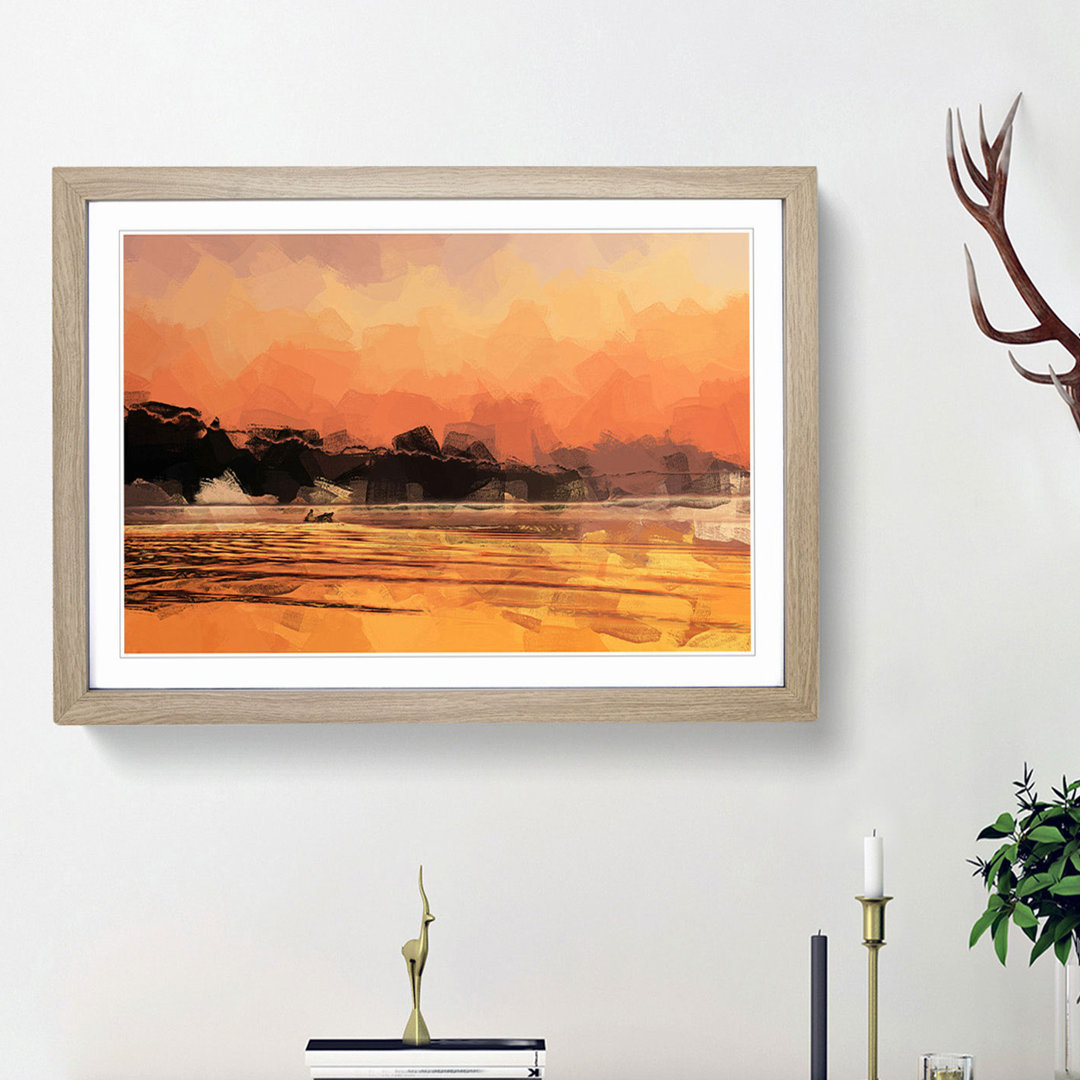 Boat Under an Orange Sunset in Abstract - Framed Print