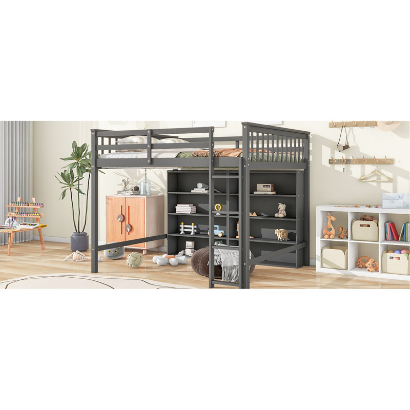 Lit mezzanine double gris avec 8 tablettes ouvertes et - Économie d'espace pour les dortoirs
