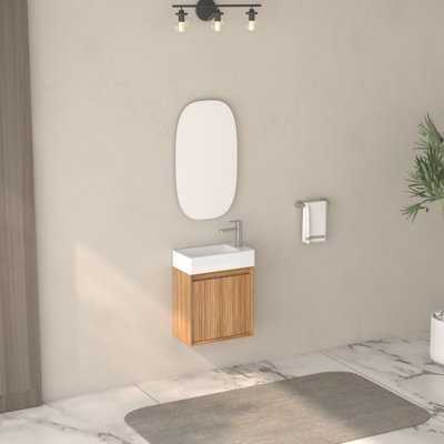 16" Solid Wood Wall - Mounted Bathroom Vanity, White Resin Basin, Modern European American Design, Smooth Hinge Movement Wood, Reversible Soft Close Function