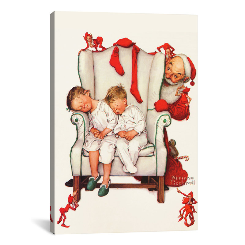 Père Noël regardant deux enfants endormis par Norman Rockwell - reproduction, H 26 po x l 18 po x P 1,5 po, Pas de tapis