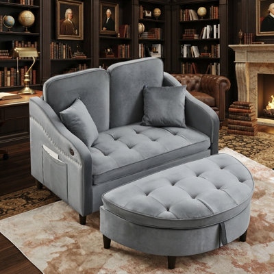 Fauteuil-lit convertible avec pouf de rangement, dossier réglable, 2 oreillers, poche latérale et port USB