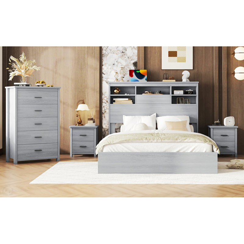 Vintage Gray Wood Queen Bedroom Set with Nightstands and Dresser