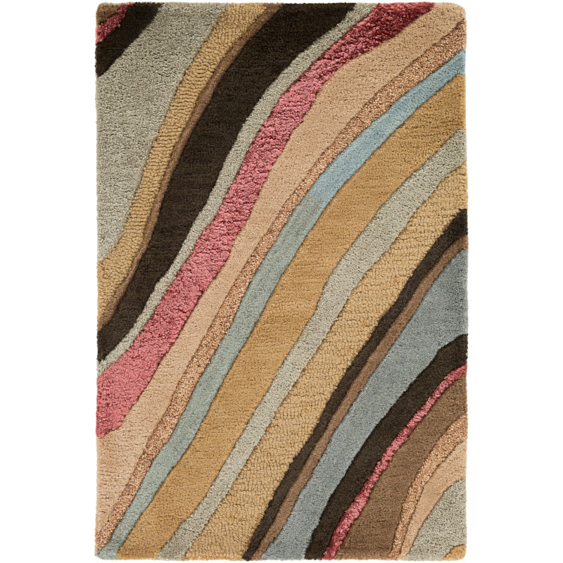 Calthorpe Abstract Handmade Tufted Wool Pantone/Dark Brown/Denim Area Rug, Rectangle 3'3" x 5'3"