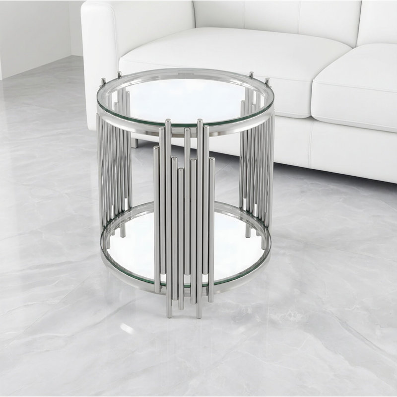 Table de bout ronde 19,7 po à 2 niveaux en verre - table d'appoint de luxe moderne avec structure en acier inoxydable et verre trempé transparent, finition argentée, pour le salon, le bureau à domicile