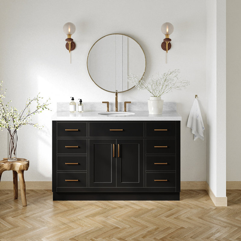 Thornaby 54'' Solid Wood Single Bathroom Vanity with 1.5'' Carrara Marble Top Sink, Black  / Satin Brass, Oval