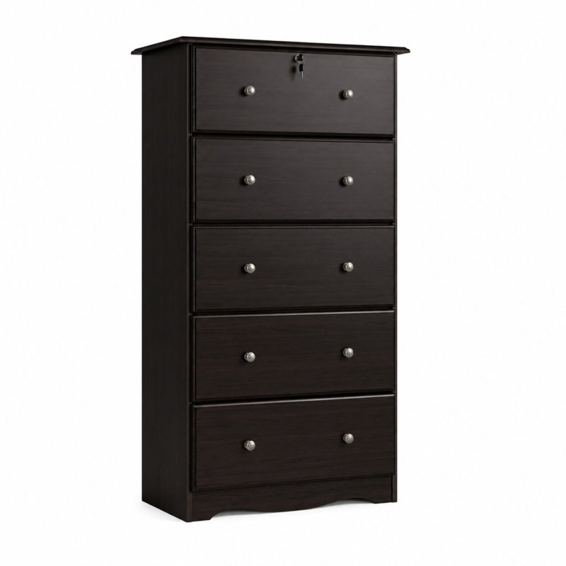 Commode 5 tiroirs 100% bois massif avec serrure et boutons en métal, Java