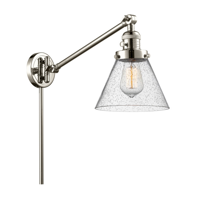 Lampe murale avec bras pivotant 1 lumière Cone, Nickel poli, Grainé, Ampoule incandescente rétro 60 watts