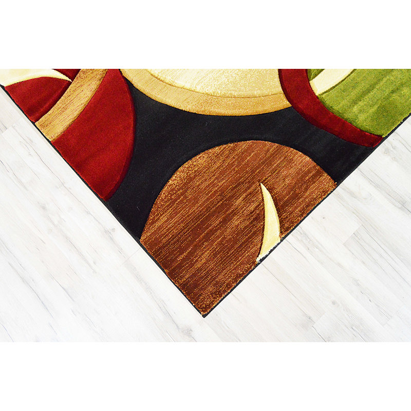 Tapis noir / vert / brun à motif abstrait Mccampbell, Rond 6 pi 6 po