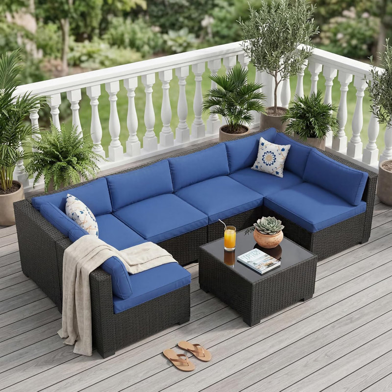 7-Piece All-Weather Outdoor Sectional Sofa Set, Waterproof Wicker Patio Furniture with Removable Cushions, Modern Gray Conversation Set for Poolside, Garden, and Backyard, Black Vine+Blue Cushion
