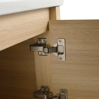 Meuble-lavabo mural de 40 po avec lavabo en céramique blanche et tablettes de rangement et 1 porte à fermeture en douceur, contreplaqué, chêne blanc américain