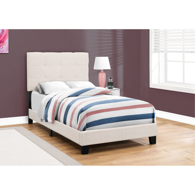 Lit simple tapissier pour lit simple, structure de lit en lin beige, bois massif, mousse confortable