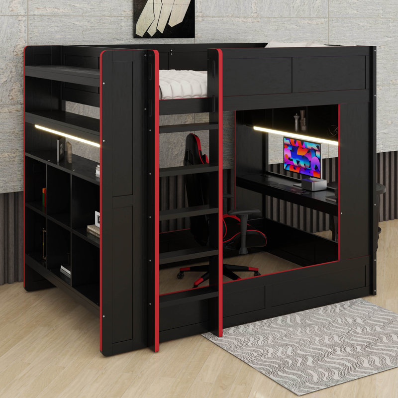 Lit superposé double en bois avec bureau, tablettes de rangement, DEL et station de charge