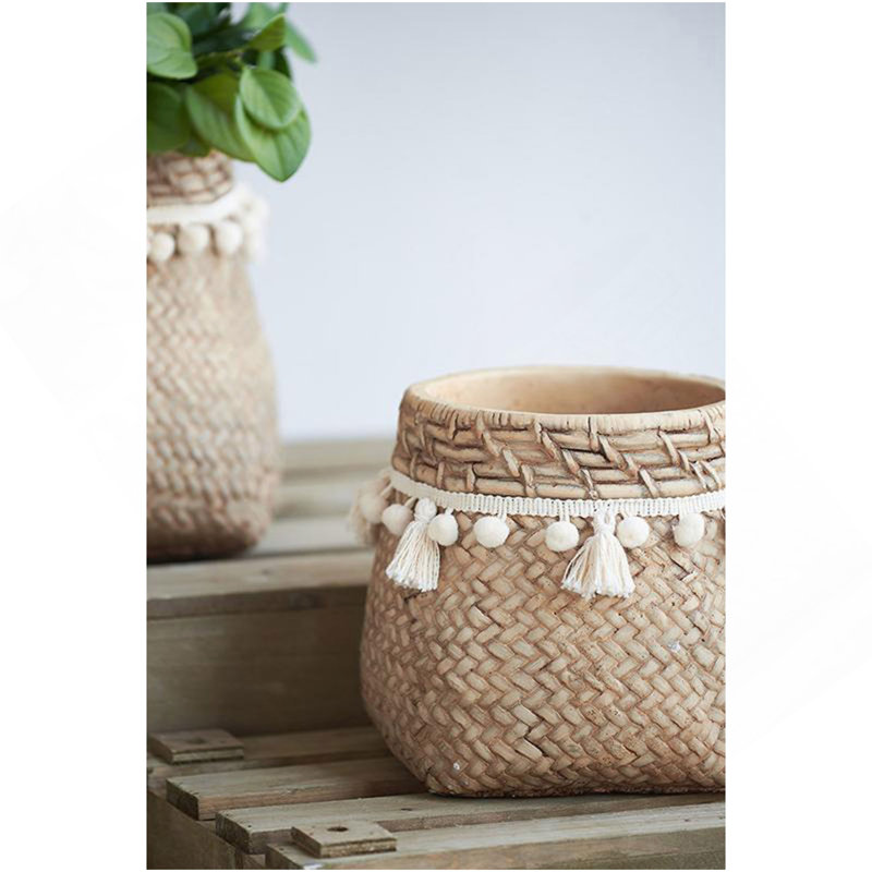 Set Of 2 6.5X6.5X6" Brown Cement Planter With Woven Tassel Accent