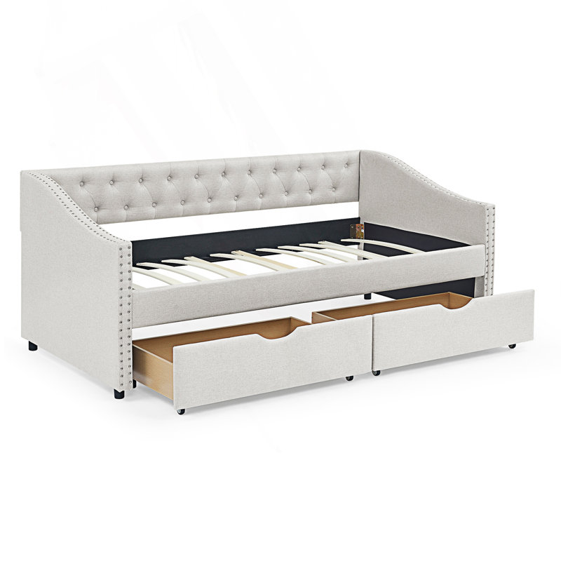 Modern Twin Size Daybed With Drawers, Upholstered Tufted Sofa Bed, Light Gray, Twin