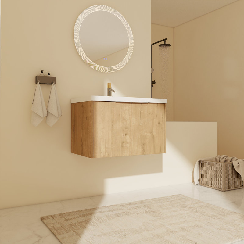 Ensemble de meuble-lavabo mural simple 29,53 po Derlin avec plateau en résine, Imitation chêne