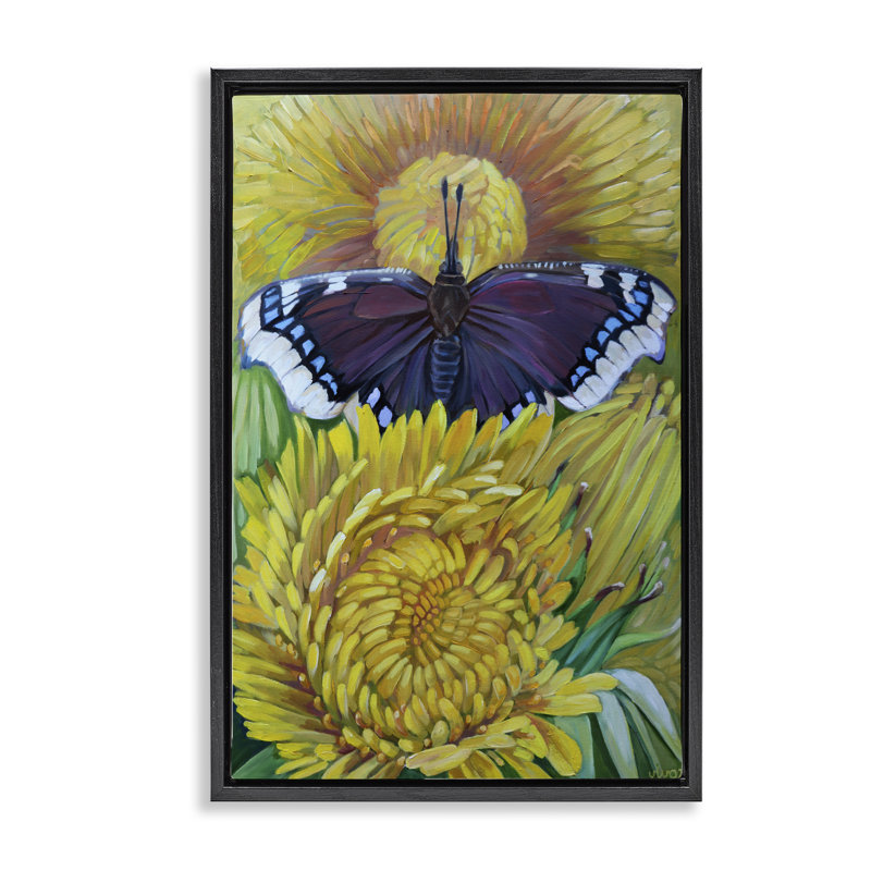 Cadre flottant papillon et chrysanthèmes jaunes, design par Violeta Vollmer, Cadre flottant noir de jais, H 25 po x l 17 po