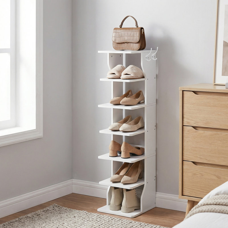 7-Tier 7 Pairs Vertical Shoe Rack, Narrow Shoe Storage Organizer with Hooks, White, 43.5" H x 10.4" W x 11.8" D