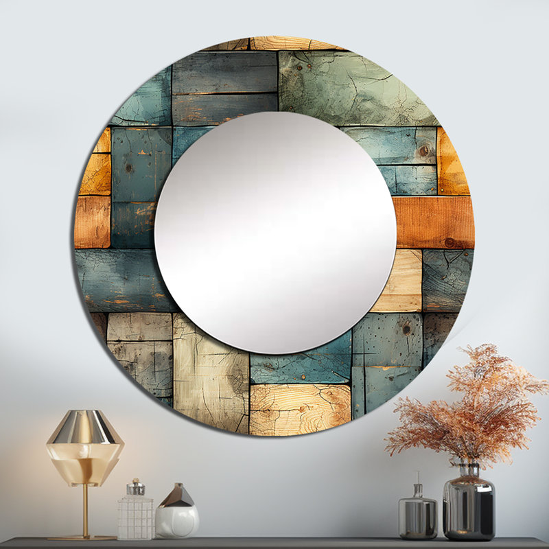 Reyla Rustic Modern Cubic Farmhouse Planks - vintage  Large Mirror, Blue Round Decorative Wall Mirror, Printed Metal Art
