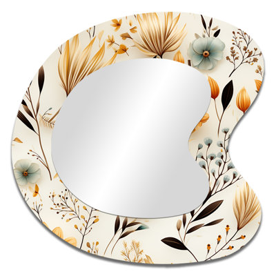 Plewak Minimalism Beige Ferns  Pattern - Floral Asymmetrical Unique Wall Mirror Decor, Beige Irregular Shape Large Mirror, Printed Metal Art