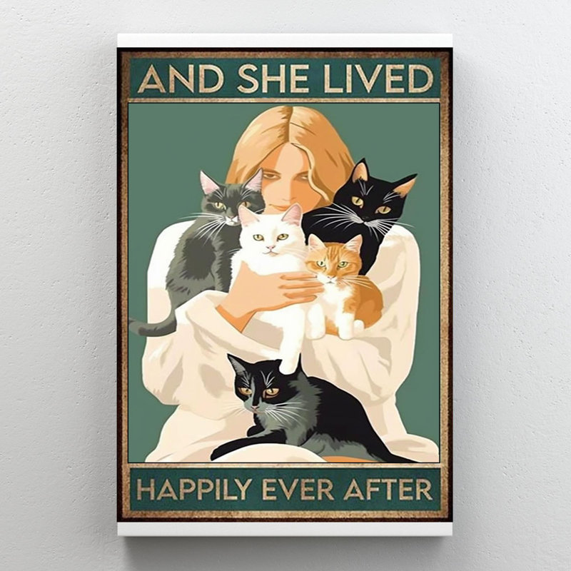«Cats And She Lived Happily», reproduction de toile rectangulaire sur toile 1 pièce, H 20 po x l 16 po x P 1,25 po