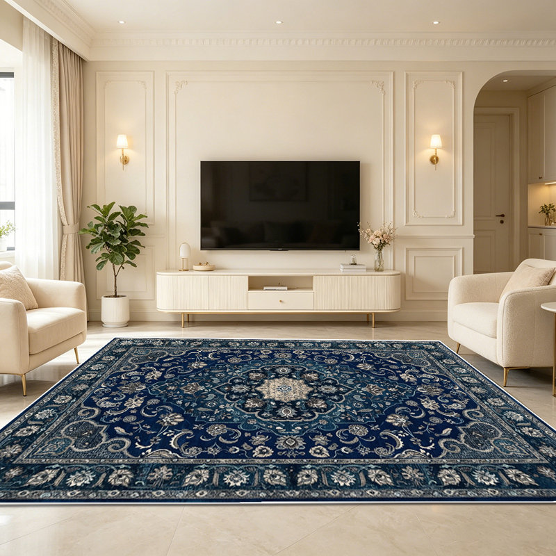 1PC Vintage Persian Medallion Navy Blue Floral area rugs for Living Room, Soft and Comfortable, Suitable for all seasons, easy-to-maintain, machine washable Indoor floor mat, Under Table Farmhouse suitable for dining table, bedroom, entryway,