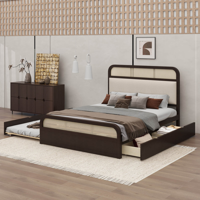 Grand lit plateforme en bois avec lit gigogne supplémentaire, Espresso