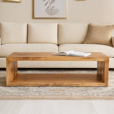 Keli Walpole 58 Inch Cube Shaped Wooden Coffee Table with Open Bottom Shelf, Charcoal Grey