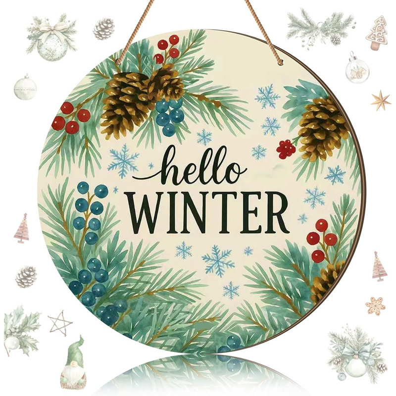 Panneau de porte Hello Winter - bleu - 12 pouces, branche de pin rustique en bois et décoration murale pomme de pin