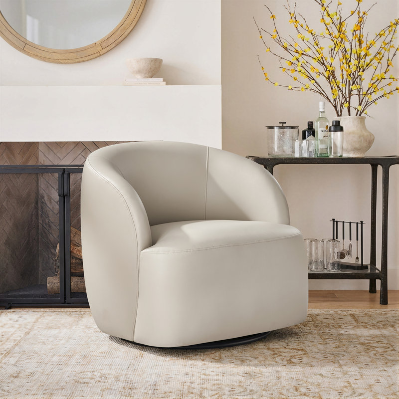 Croix 30.75"W Modern Leather Swivel Barrel Chair with Fully Assembled, Ivory