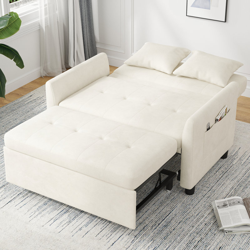 Canapé-lit rembourré 46,5 po, causeuse convertible moderne avec support pour téléphone et poches latérales, Beige