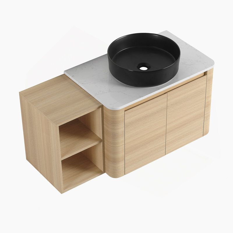 Meuble-lavabo mural de 42 po avec lavabo d'art en céramique, portes à fermeture en douceur et tablettes de rangement pour salles de bain modernes
