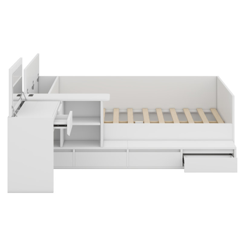 Lit plateforme en bois avec tiroirs, tablettes et coiffeuse, Blanc