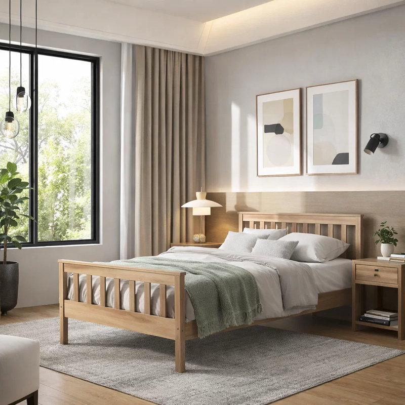 32″ Modern Shaker Solid Pine Platform Bed with Slat Support – Twin, No Box Spring Required for Toddlers and Teens, Beige