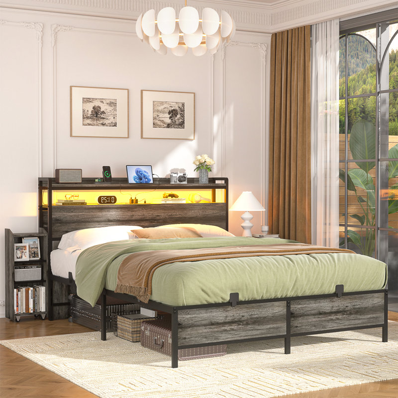 Bookcase Bed With Storage Slide Bedside Shelf and Charging Station & LED Light, Full XL, Gray